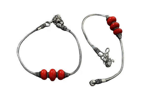 beachy anklet for women-Mominos Fashion Kamal Johar Oxidised Silver With Red Beads Anklets