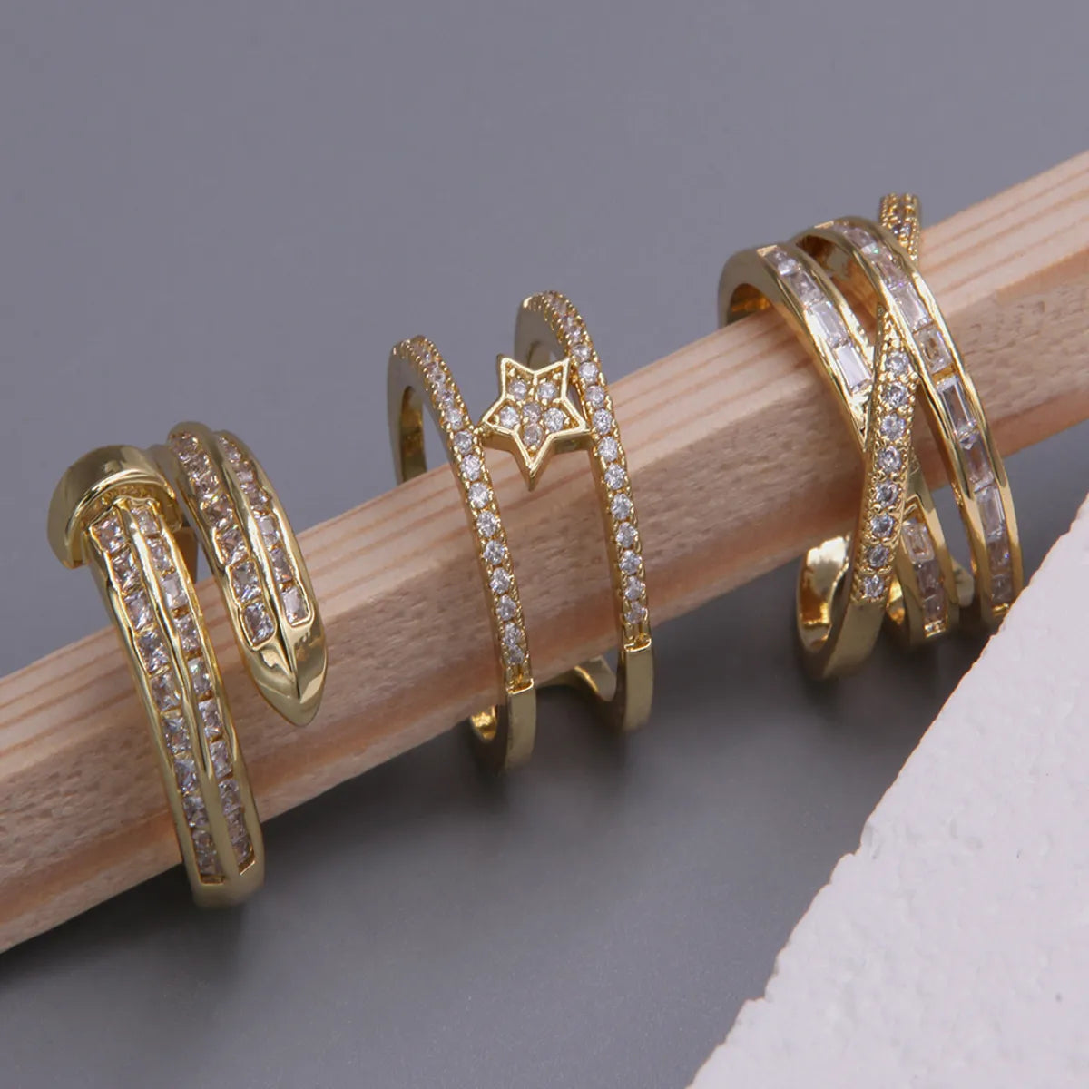 narrow band rings for women-Glam Shiny Geometric Copper Plating Inlay Zircon 18k Gold Plated Open Rings