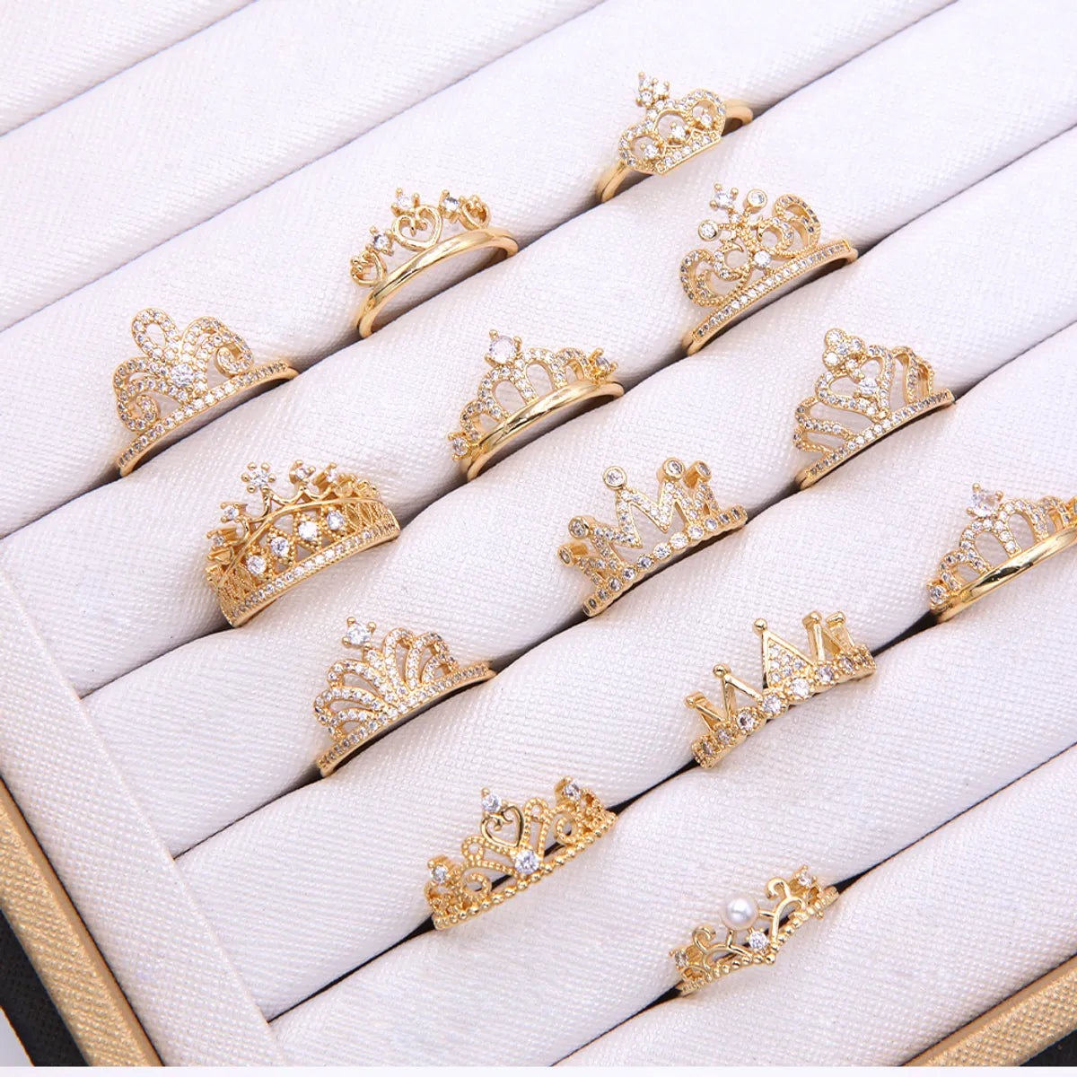 silver rings for women-Shiny Crown Copper 18k Gold Plated Artificial Pearls Zircon Open Rings In Bulk