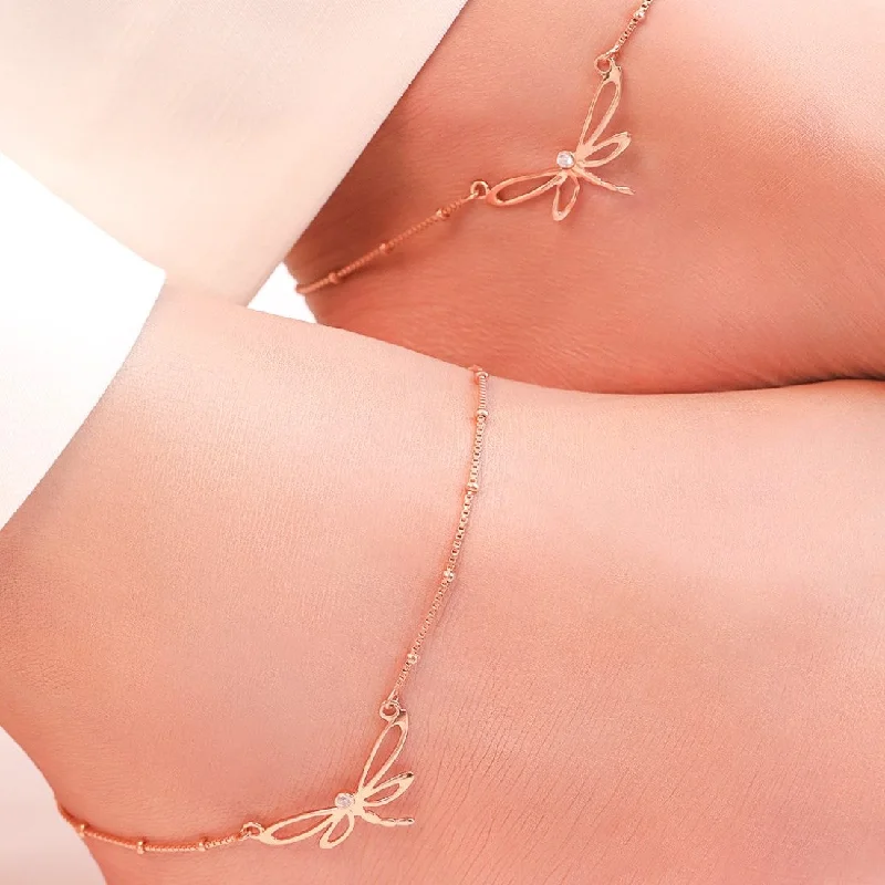 silver anklet for women-Dragonfly Rose Gold Plated 925 Sterling Silver Chain Anklet with Beads