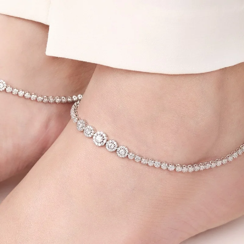 simple gold anklet for women-Glimmering Fusion Floral CZ Rhodium Plated 925 Sterling Silver Anklet