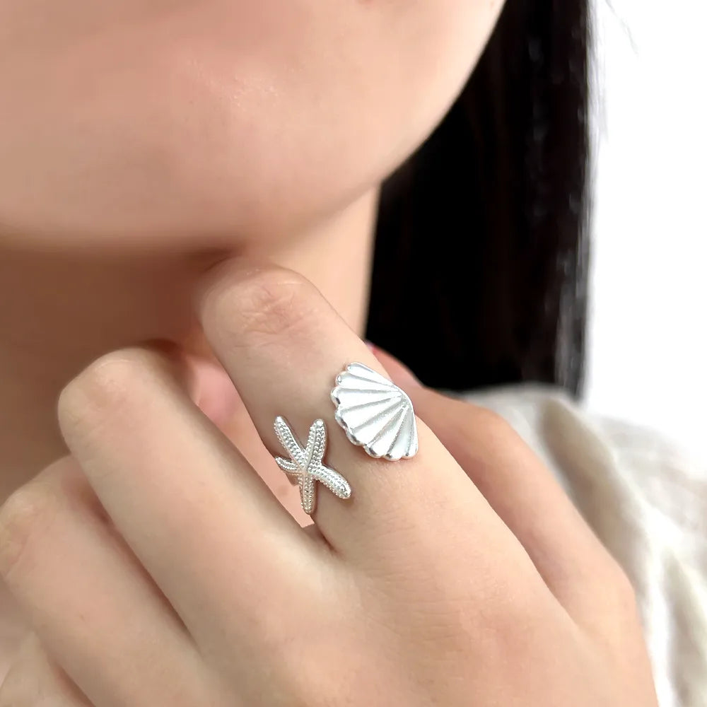 gold rings for women-925 Silver Vacation Japanese Style Simple Style Asymmetrical Starfish Shell Open Rings