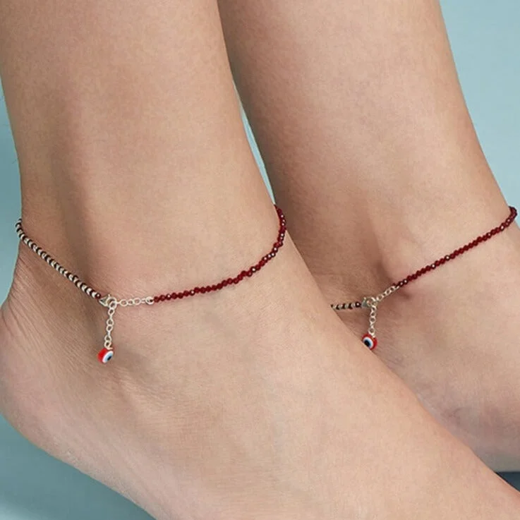 moon anklet for women-Maroon Evil Eye 925 Sterling Silver Anklet