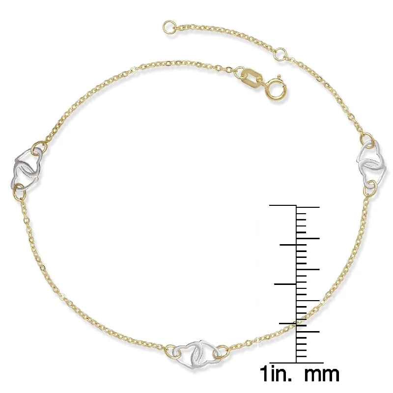 personalized anklet for women-Curata 14k Two-tone Gold 10" Adjustable Interlocking Hearts Station Anklet