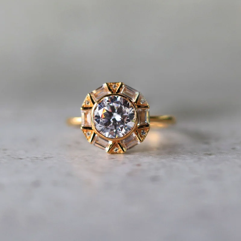 silver engagement rings for women-Geometric-Inspired Diamond Halo 14K Yellow Gold Engagement Ring