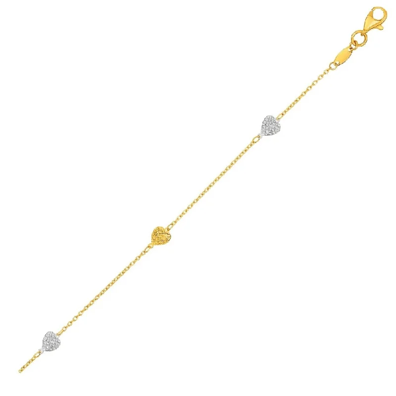 anklet with a cross for women-14k Two-Toned Yellow and White Gold Anklet with Textured Hearts