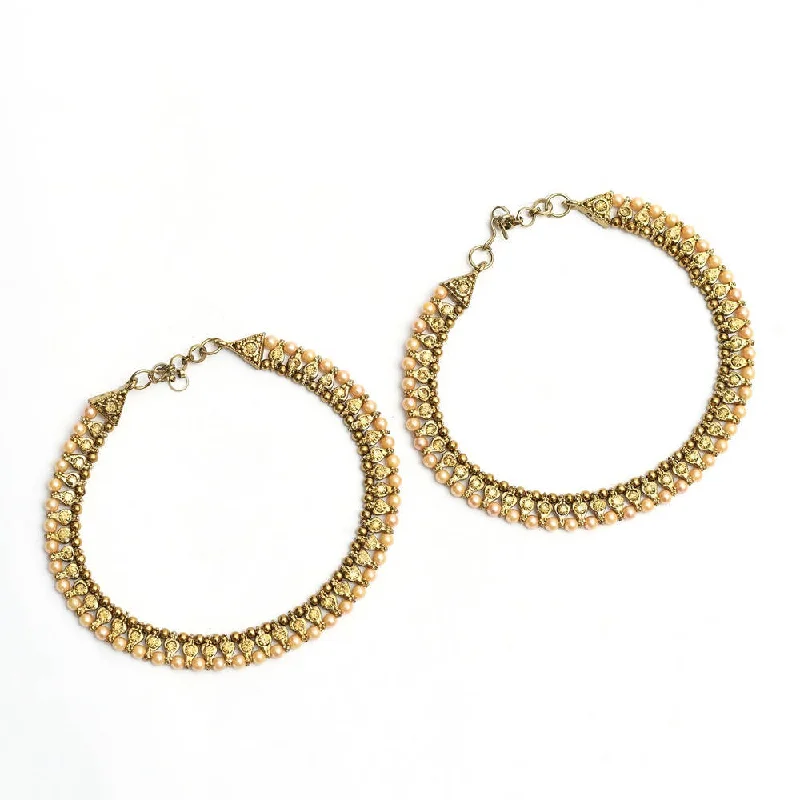 vintage anklet for women-Mominos Fashion Kamal Johar Golden Kundan Anklets