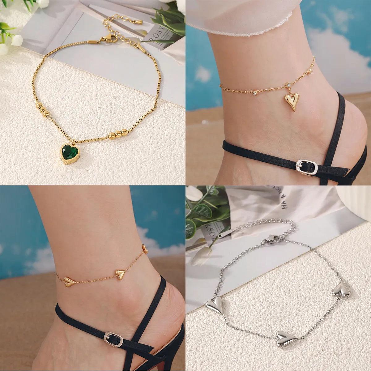 moon anklet for women-Wholesale Jewelry Casual Elegant Vacation Heart Shape 304 Stainless Steel 18K Gold Plated Plating Anklet