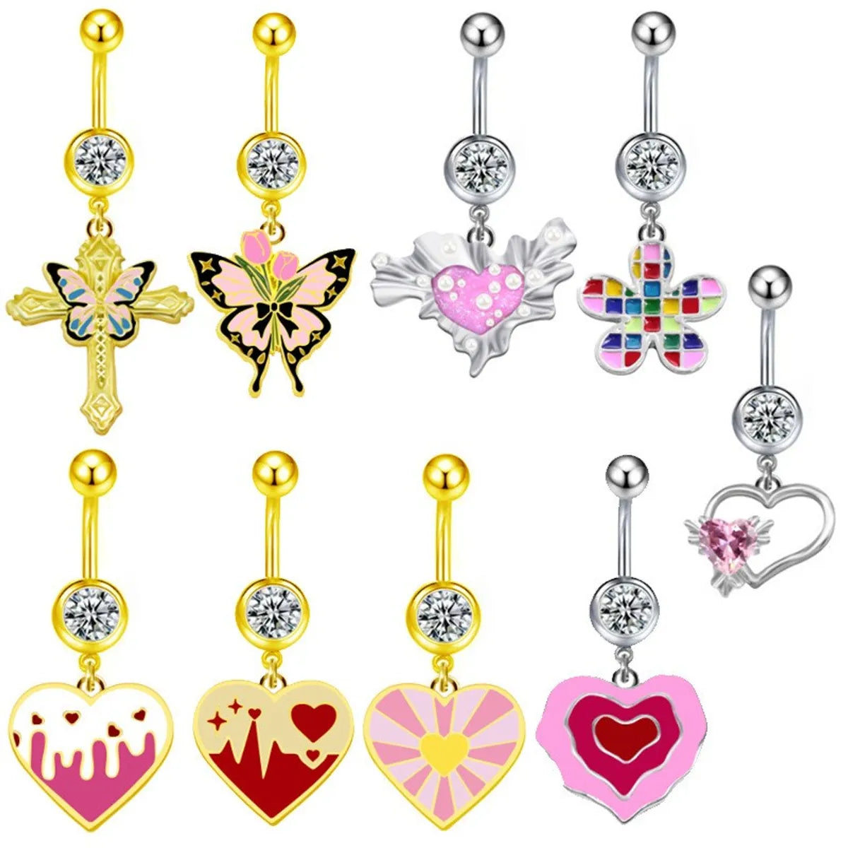 rings with cubic zirconia for women-1 Piece Belly Rings Sexy Heart Shape Flower Butterfly Stainless Steel Enamel Plating Inlay Rhinestones Belly Ring