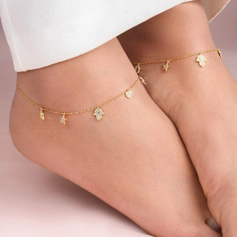 anklet with lotus flower for women-Charms CZ Gold Plated 925 Sterling Silver Anklet