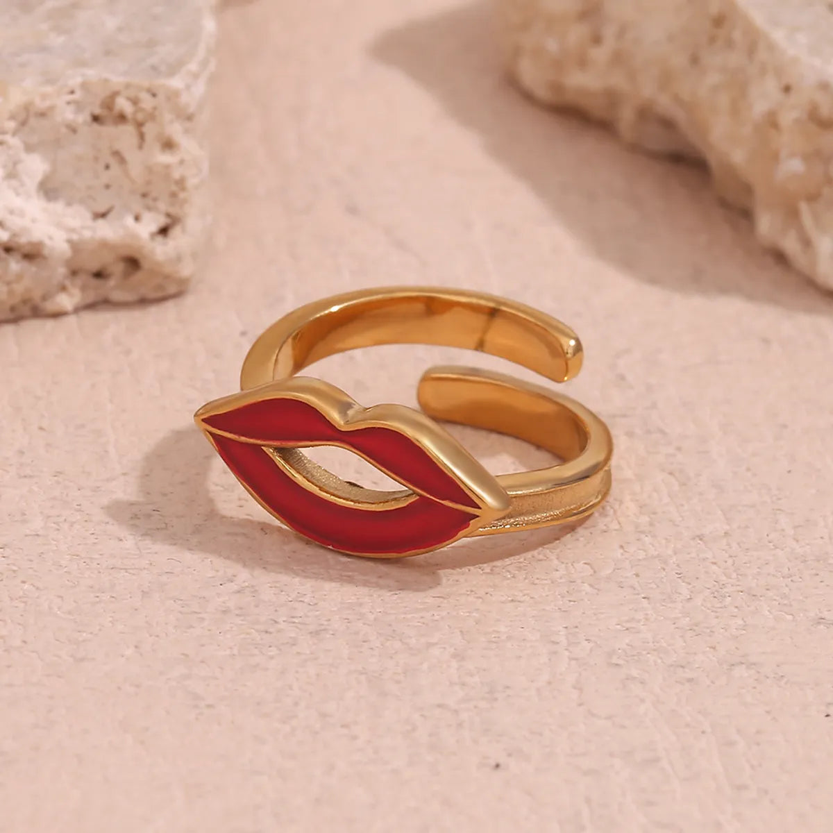 adjustable silver rings for women-Stainless Steel 18K Gold Plated Elegant Retro Lips Enamel Open Rings