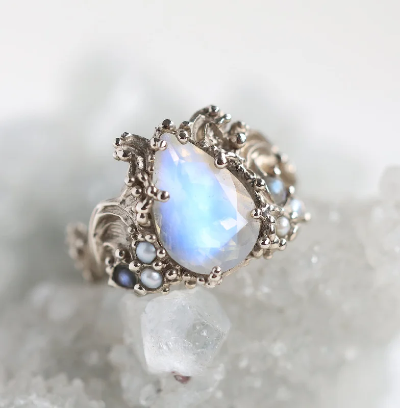 colored sapphire engagement rings for women-Pear Moonstone Ring, Floral Vintage Style Moonstone Engagement Ring With Pearls