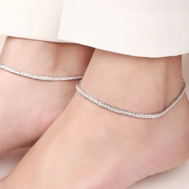 fashionable anklet for women-Elegance CZ Rhodium Plated 925 Sterling Silver Anklet