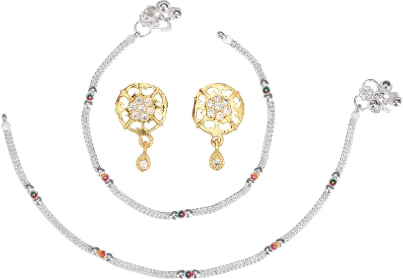 trendy anklet for women-AanyaCentric Stylish Silver Plated Anklet & Gold Plated American Diamond Earring Combo for Girls & Women