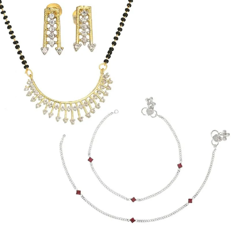 gold-plated anklet for women-AanyaCentric Gold-plated Mangalsutra Pendant Earring Set & Silver Plated Anklet