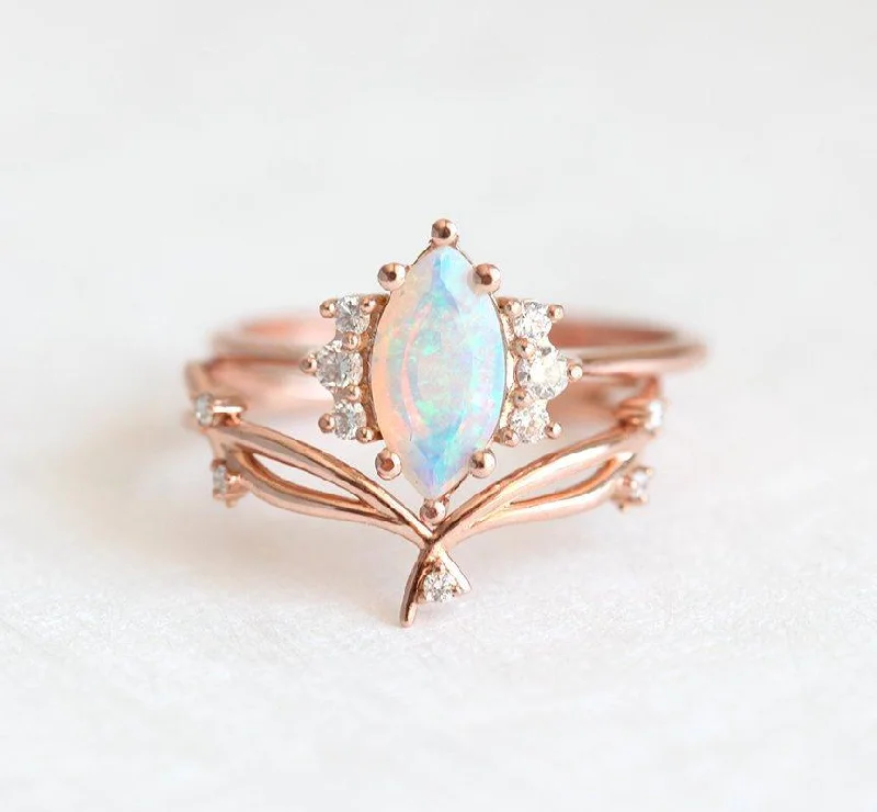 heart-shaped engagement rings for women-Opal Ring Set, 14K Rose Gold Diamond Ring