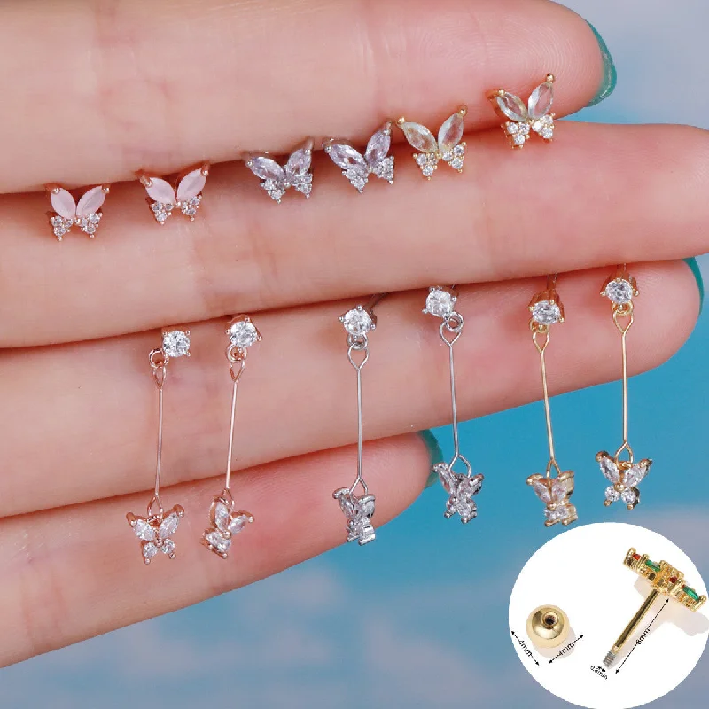 stackable rings for women-Butterfly Ear Bone Stud Stainless Steel Rod Piercing Twist Ball Stud Earring