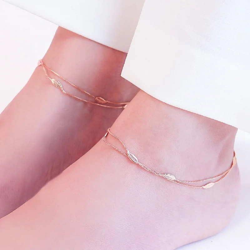 beaded anklet for women-Graceful Foliage Rose Gold-Plated 925 Sterling Silver Leaf Anklet