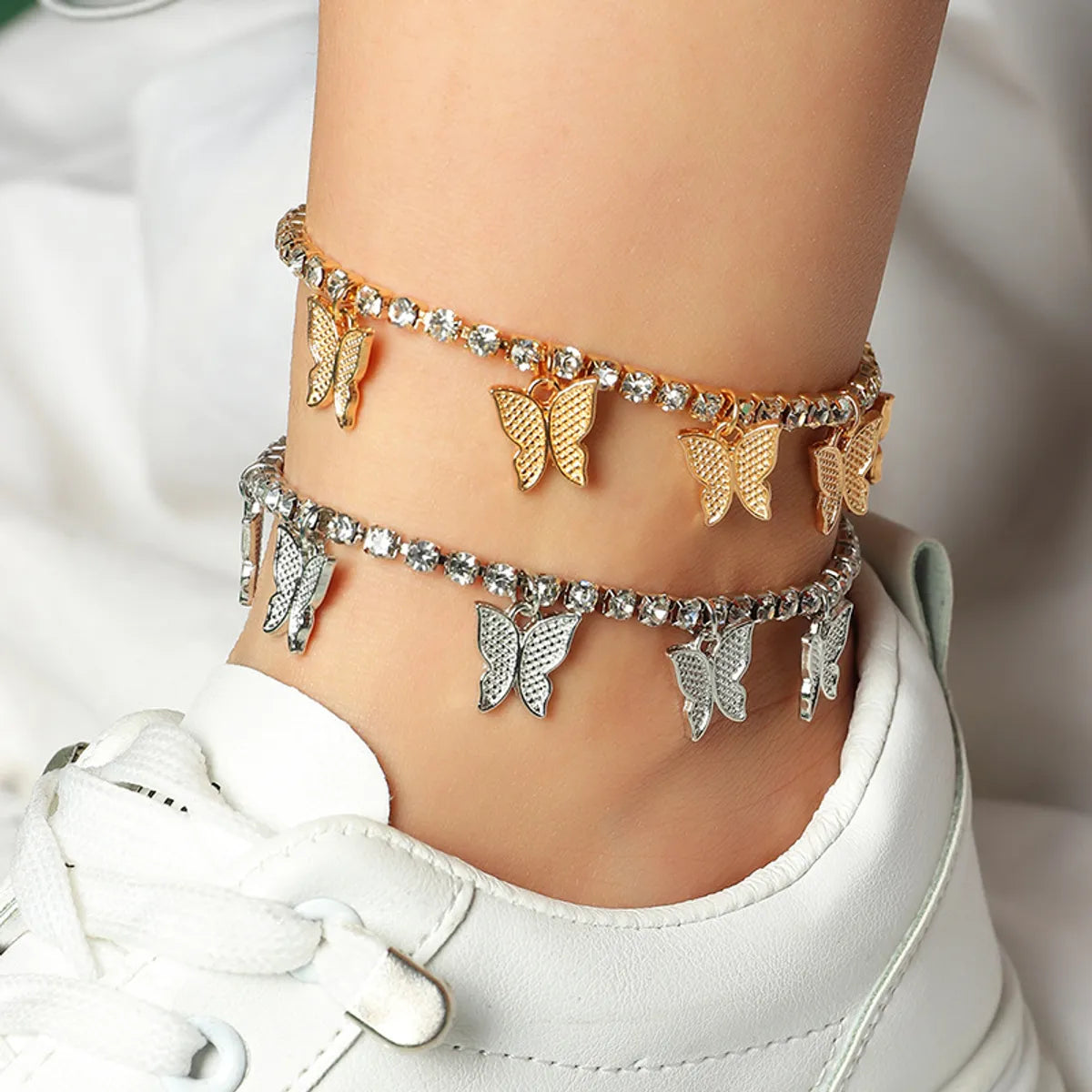 double-layer anklet for women-Fashion Diamond Butterfly Anklet Wholesale