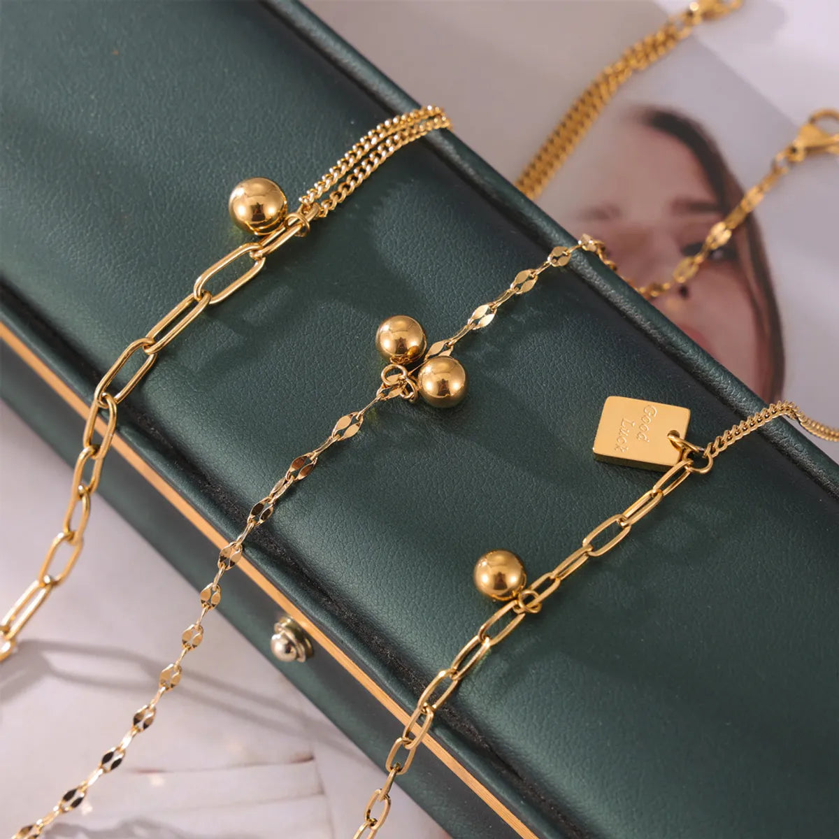 floral anklet for women-Wholesale Jewelry Casual Simple Style Round Square 304 Stainless Steel 18K Gold Plated Layered Anklet