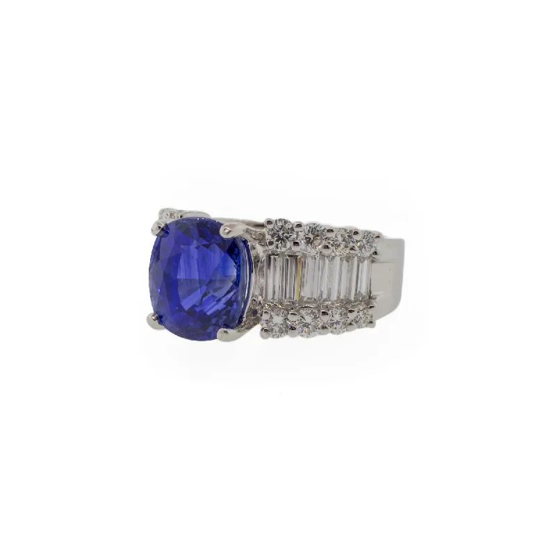 affordable engagement rings for women-Platinum 5.85 Carat Blue Sapphire and Baguette Diamond Ring