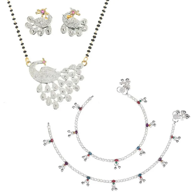 floral anklet for women-AanyaCentric Gold-plated Mangalsutra Pendant Earring Set & Silver Plated Anklet