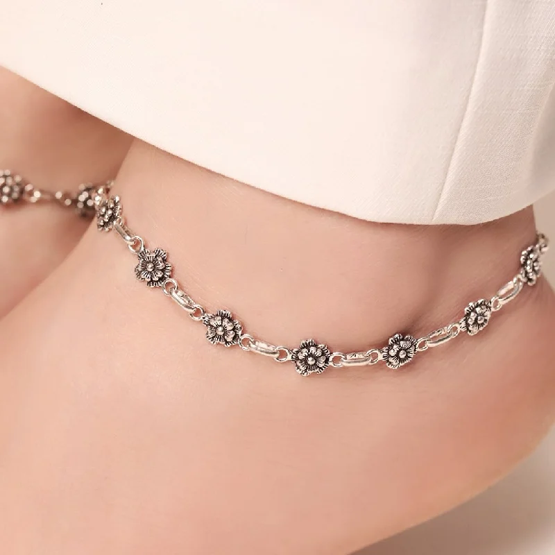 anklet with coins for women-Blossom Bloom Harmony Rhodium-Plated 925 Sterling Silver Anklet