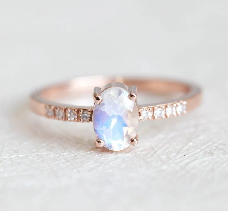 princess cut engagement rings for women-Oval Moonstone Ring, Diamond Ring