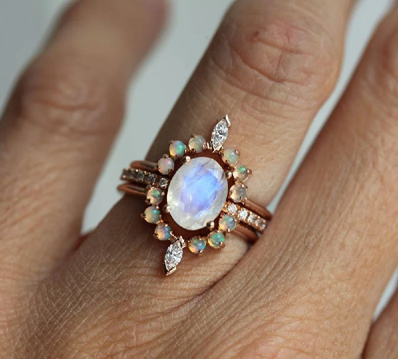 statement engagement rings for women-Dream Moonstone Ring Set, Engagement Ring