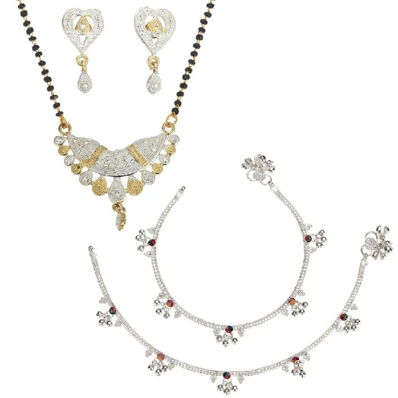 simple chain anklet for women-AanyaCentric Gold-plated Mangalsutra Pendant Earring Set & Silver Plated Anklet