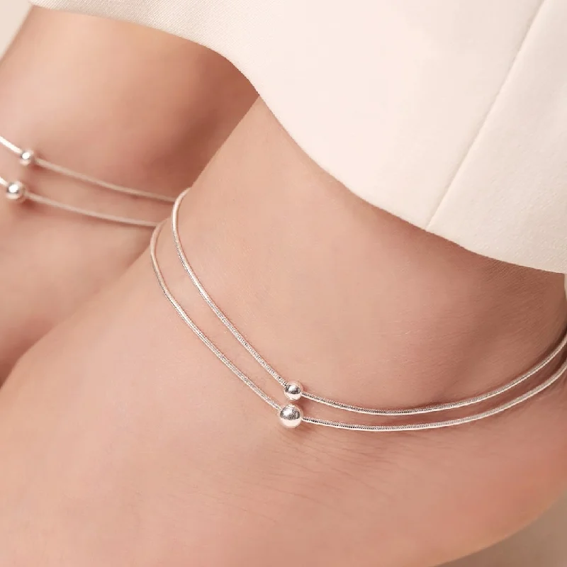 anklet with moonstone for women-Double String Bead Rhodium Plated 925 Sterling Silver Chain Anklet