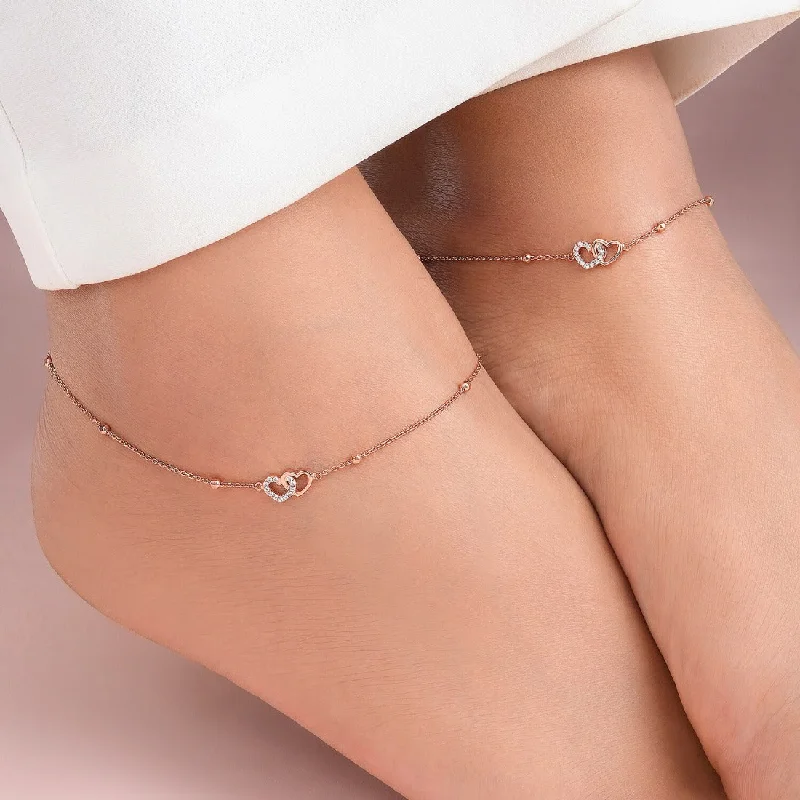 anklet with opal for women-Linked Hearts Rose Gold Plated 925 Sterling Silver Anklet