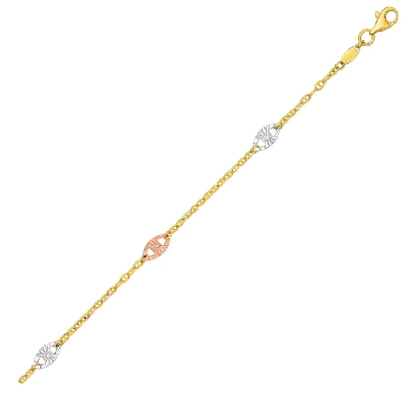 double-layer anklet for women-14k Three-Toned Yellow White and Rose Gold Anklet with Textured Ovals