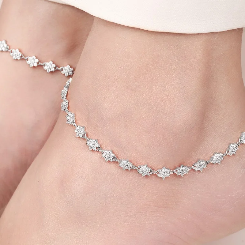 boho anklet for women-Blooming Beauty 925 Sterling Silver Rhodium-Plated Flower Anklet