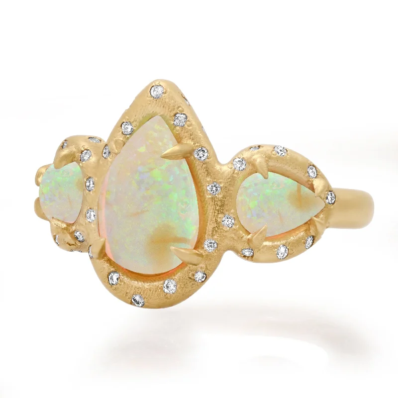 halo engagement rings for women-14K & 18K Three Opal and Diamond Ring