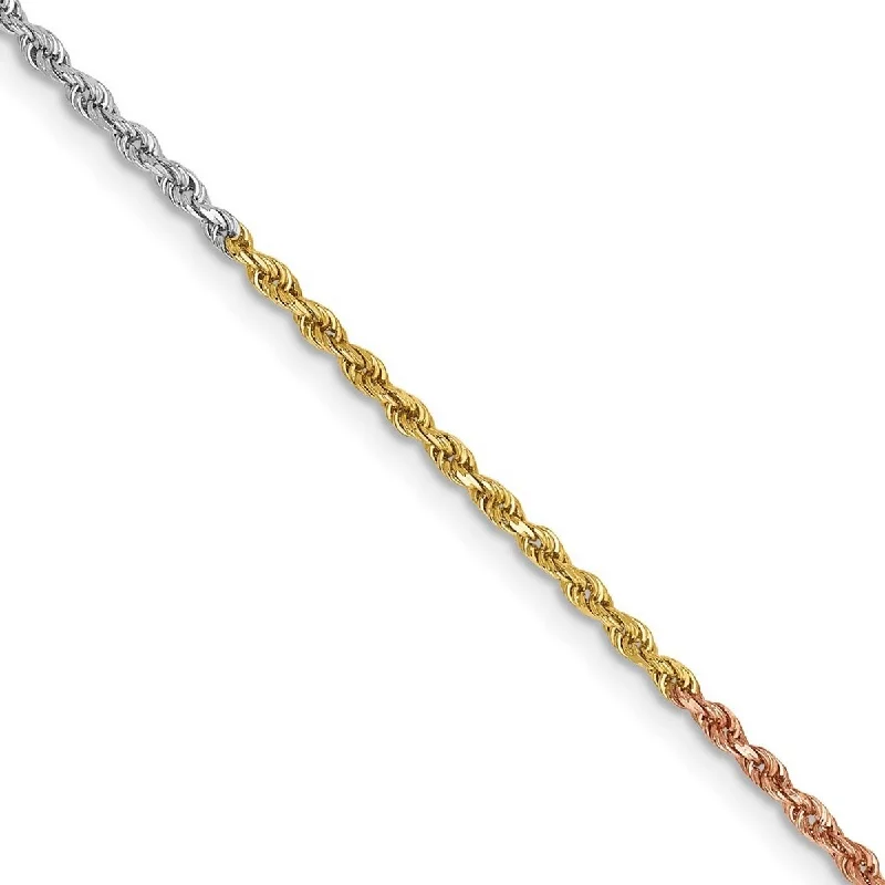 turquoise anklet for women-Curata Women's 14k Tri-Color Gold 1.5mm Diamond-Cut Rope Chain Anklet - 10 Inch