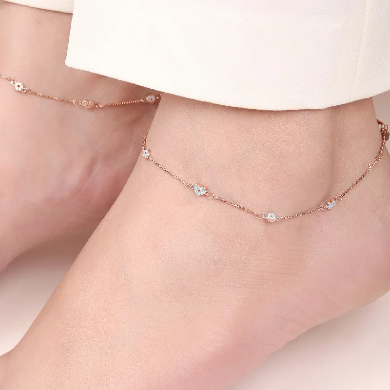 heart anklet for women-Heartfelt Radiance Rose Gold Plated CZ Sterling Silver Anklet