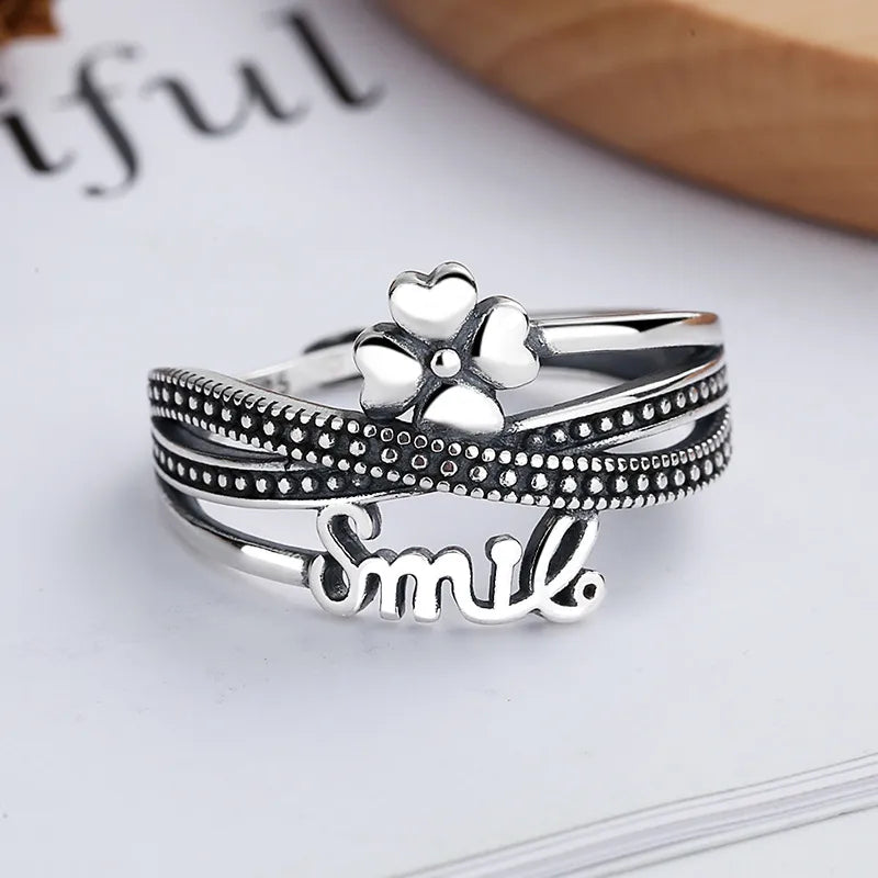 trendy rings for women-Retro Four Leaf Clover Letter Sterling Silver Rings 1 Piece