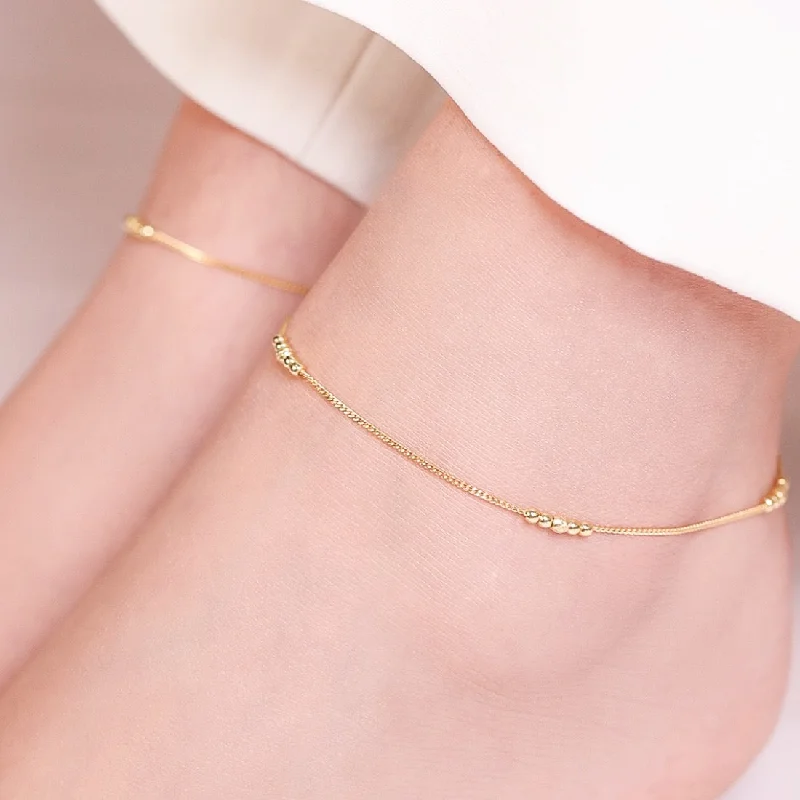 bohemian-style anklet for women-Beaded Gold-Plated 925 Sterling Silver Chained Anklet