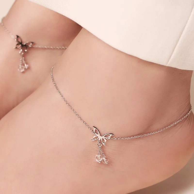 gold coin anklet for women-Fluttering Butterfly Dreams Rhodium-Plated 925 Sterling Silver Anklet