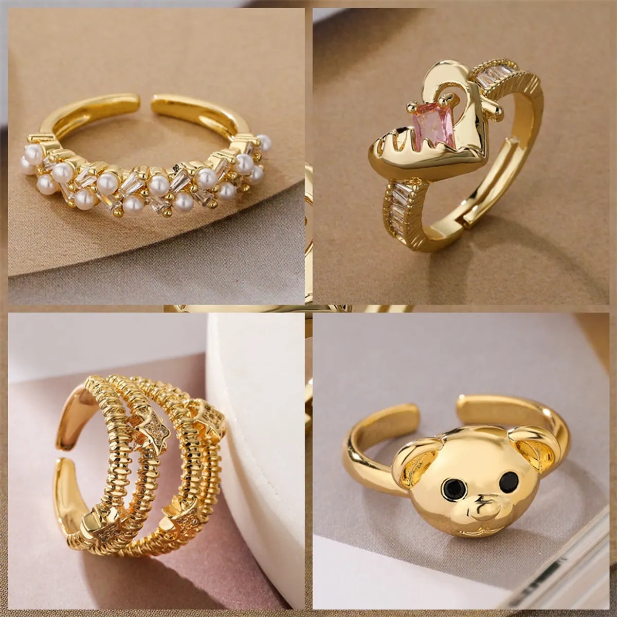 large gemstone rings for women-Luxurious Bear Heart Shape Copper Gold Plated Zircon Open Rings In Bulk