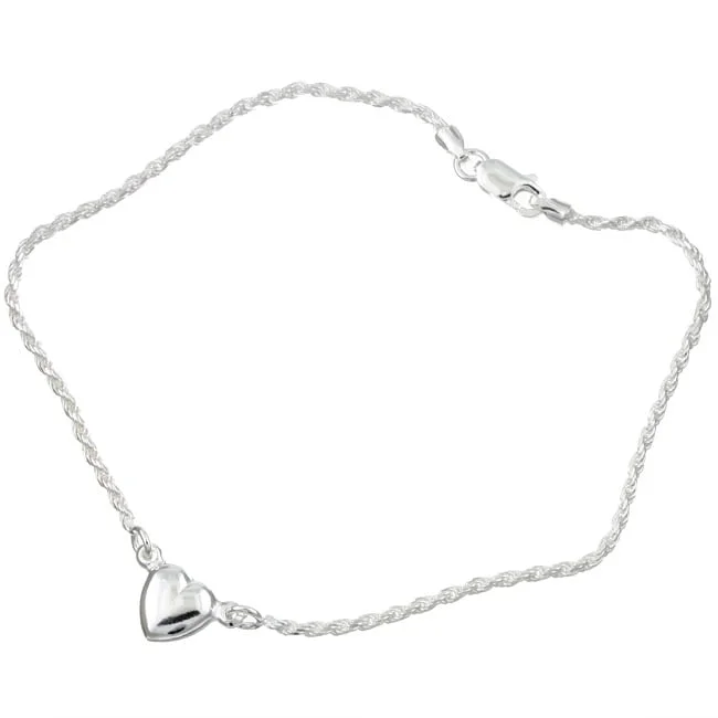 charm anklet for women-Sterling Silver Heart Rope Chain Anklet by Roberto Martinez