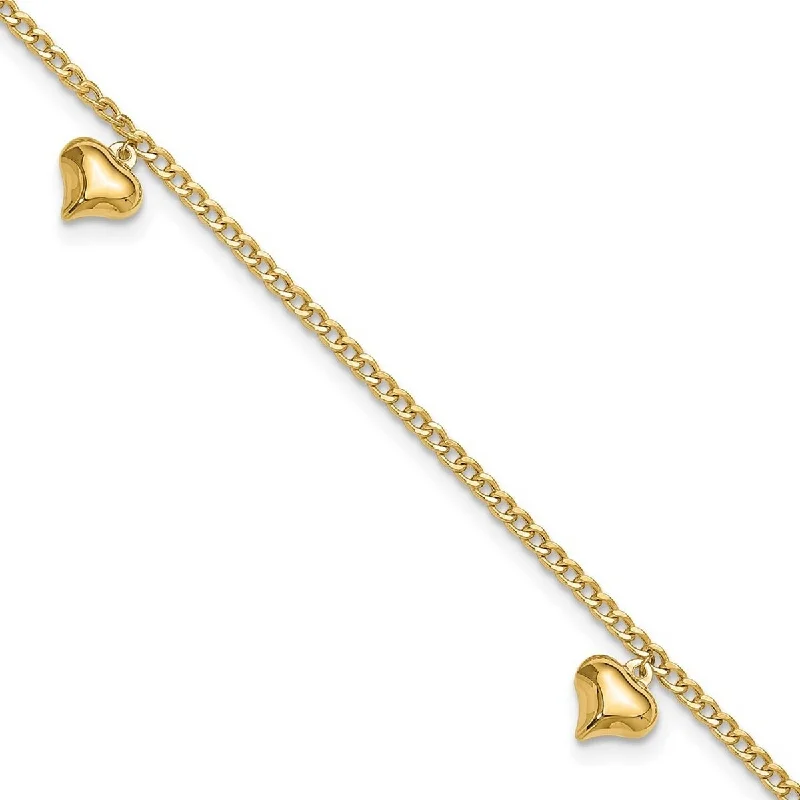 anklet with diamonds for women-Curata 14k Yellow Gold 9+1" Polished Dangling Puffed Heart Station Curb Chain Anklet (Lobster-claw)