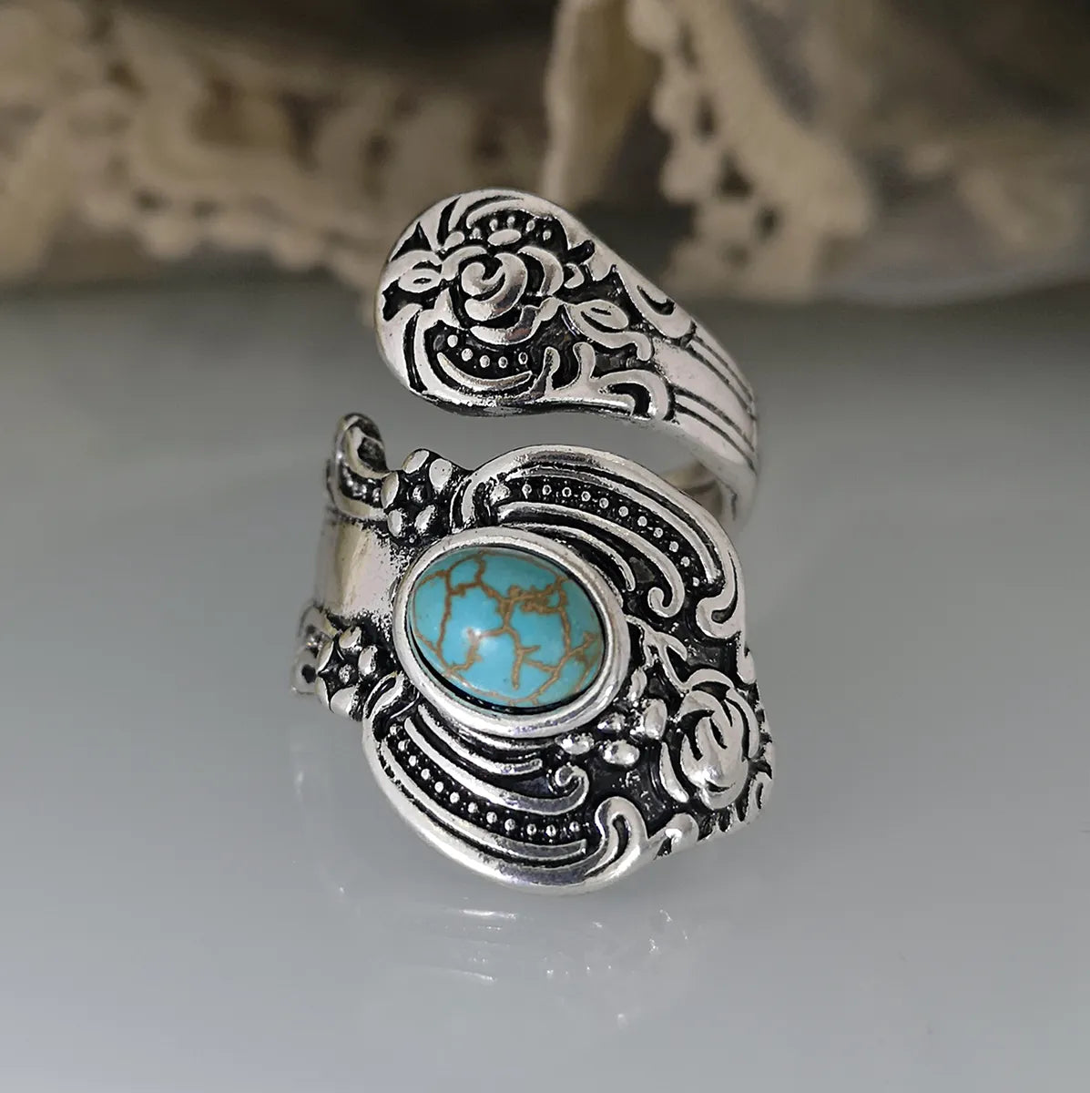 zirconia rings for women-Creative Flower Rose Carved Exaggerated Retro Turquoise Ring Wholesale