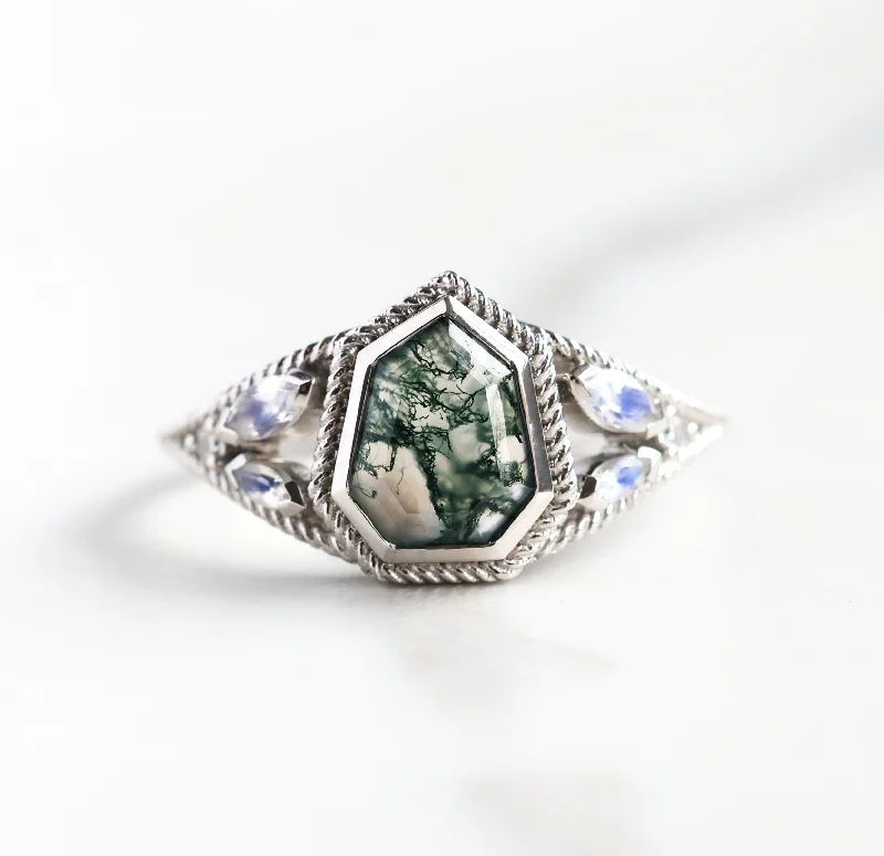 platinum and diamond engagement rings for women-Moss Agate Engagement Ring With Moonstones