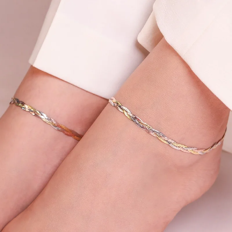 anklet for wedding for women-Triple Tone Braided 925 Silver Anklet