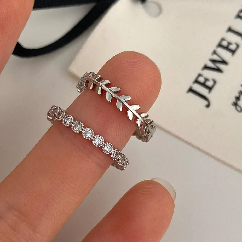 Silver Zircon Leaf Thin Ring Two-Piece Set