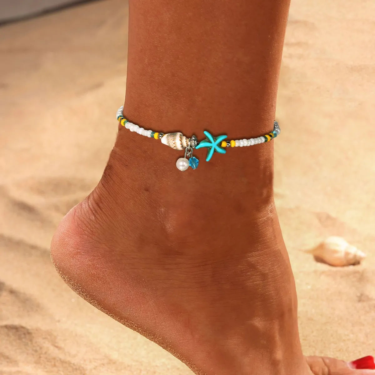 elegant anklet for women-Wholesale Jewelry Beach Starfish Conch Beaded Alloy Artificial Pearls Anklet